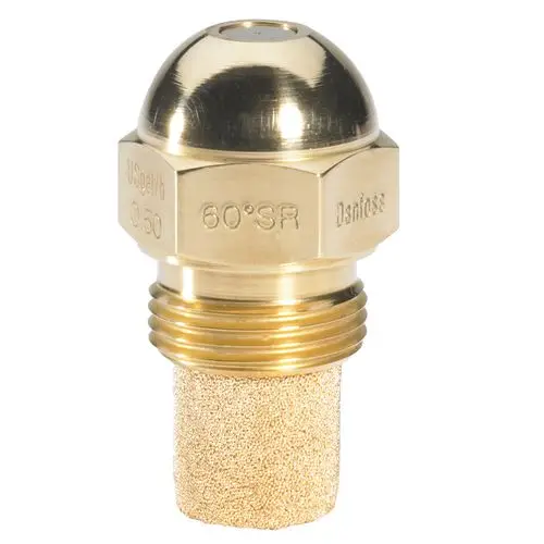 Messgerät aus Messing mit runder Oberseite, Gewindeanschluss und porösem Filter. Markierung "Danfoss" auf der Seite sichtbar. Für Flüssigkeitstransfer konzipiert.